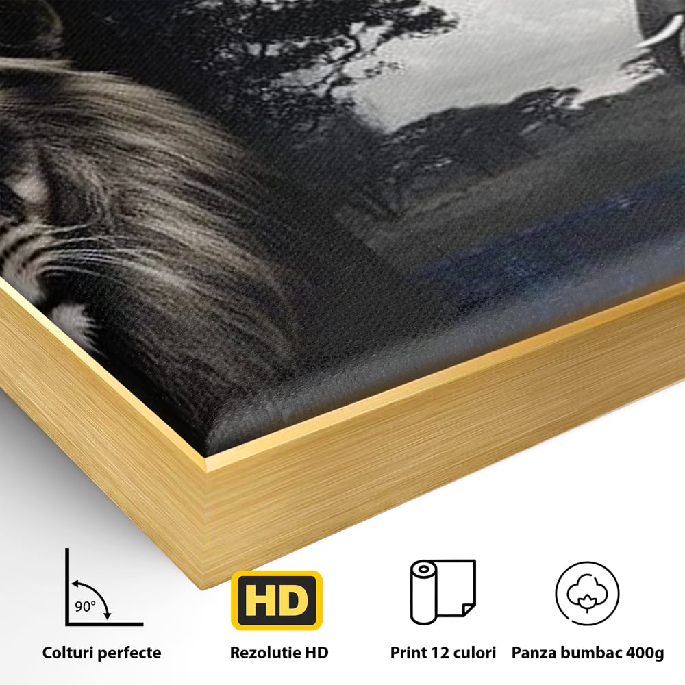 Detaliu al suprafetei: tablou canvas cu leu si elefant, in rama de aluminiu auriu